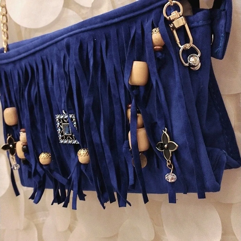 Fringed CROSSBODY BLUE Purse‎ Clutch w Chain Charm Enamel Flower Charm